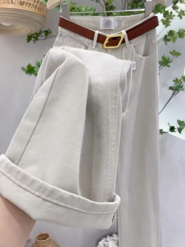 杏色直筒阔腿牛仔裤女2025早秋新款高腰宽松显瘦柔软浅色垂感长裤|undefined