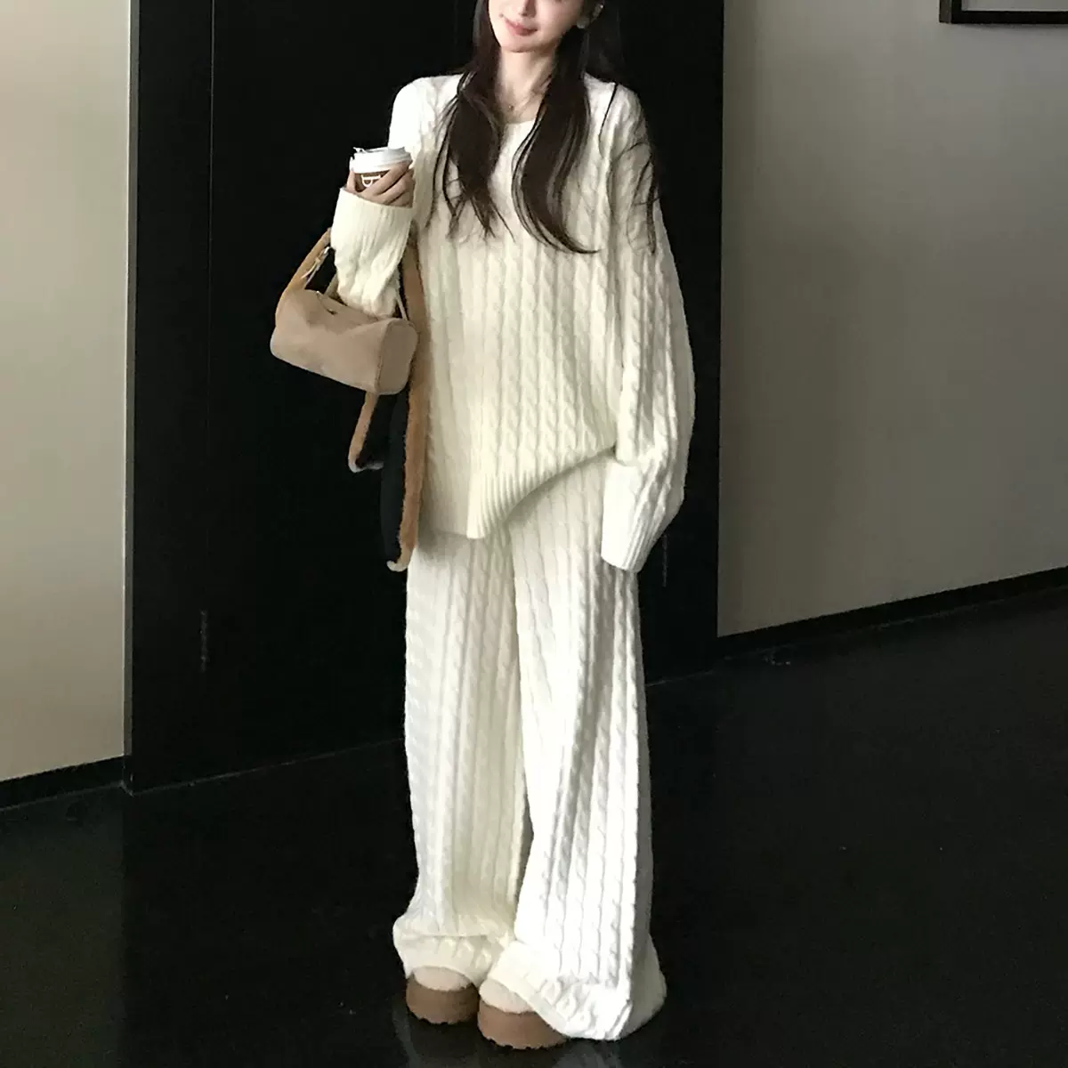 露思同款 松弛老钱1070g菁选26支羊毛 绞花针织开衫毛织裤子套装