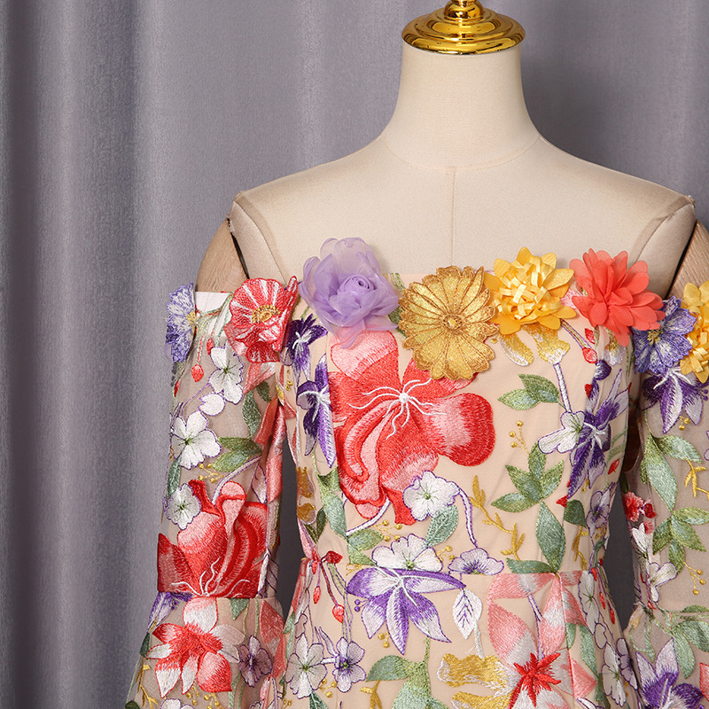 Three Dimensional Floral Cluster Embroidered Bell Sleeve Retro Dress off Neck Dress 19 Three Dimensional Floral Cluster Embroidered Bell Sleeve Retro Dress Off Neck Dress