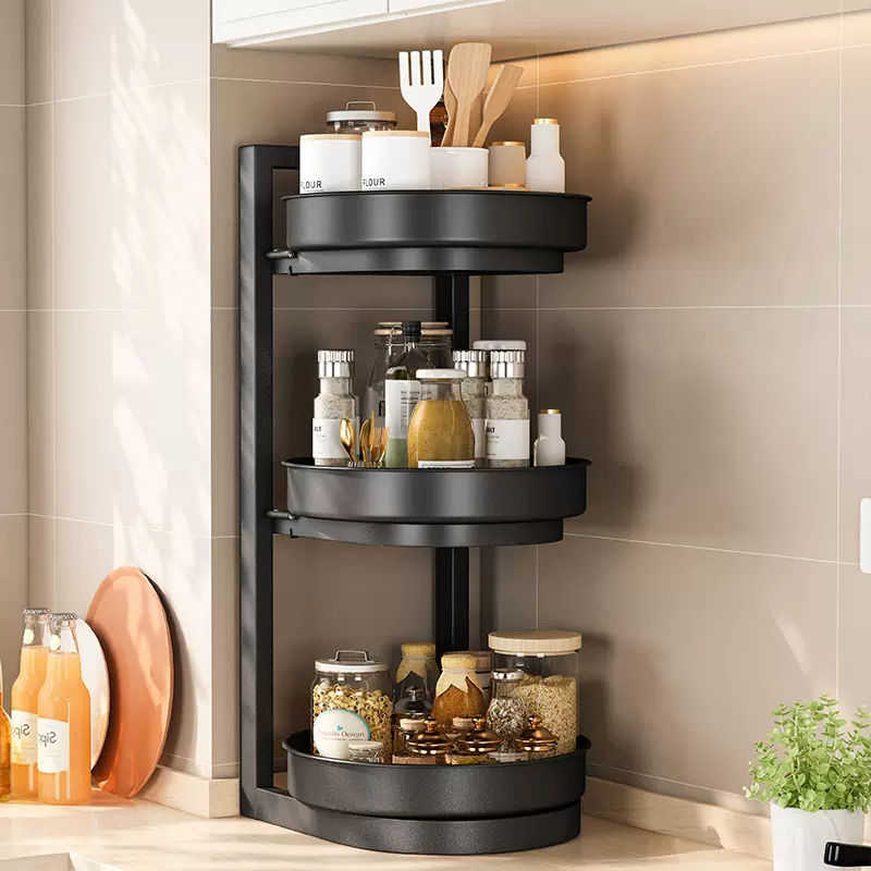 新款旋转调料架厨房置物架升降三层油盐酱醋台面多功能收纳架子