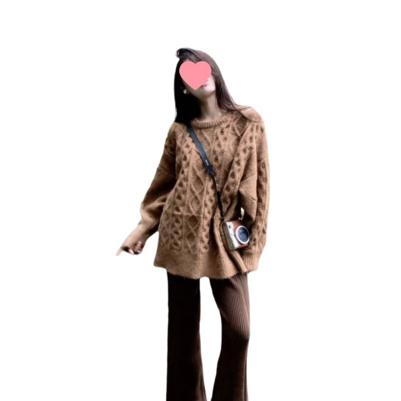 大码女装秋季套装女2025新款韩系复古通勤风针织毛衣微喇裤两件套|undefined