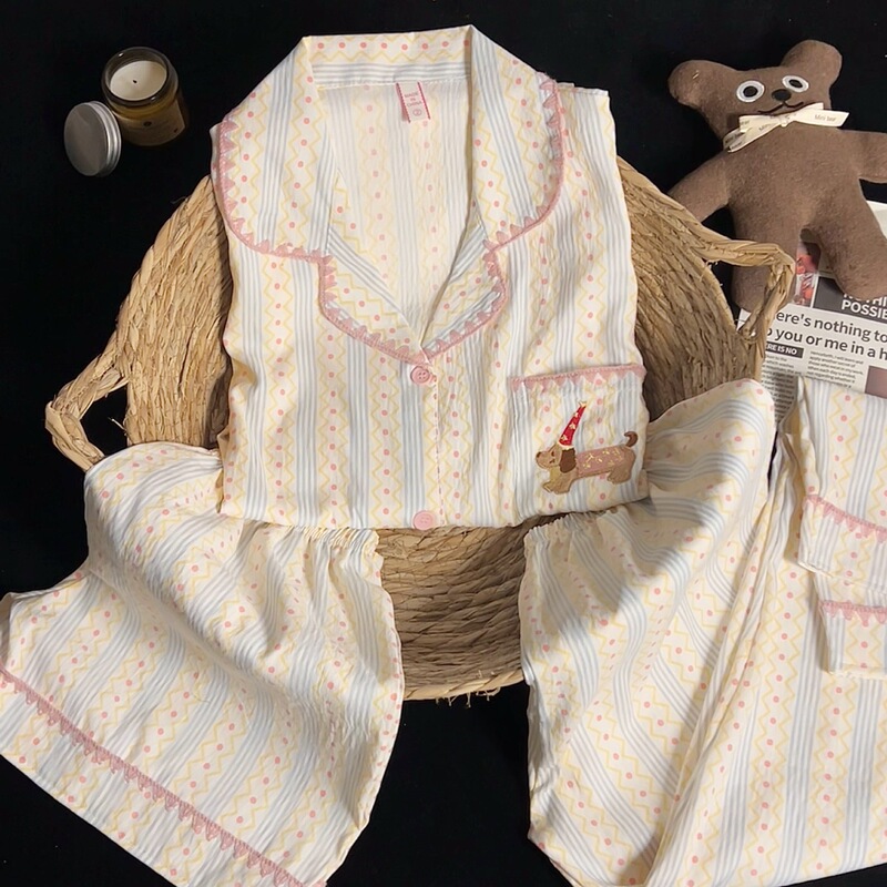 Internet Celebrity Pure Cotton Gauze Pajamas for Women, Short-Sleeved Shorts and Long Pants, Summer Style, Cute Dachshund Dog Home Wear Three-Piece Set Internet Celebrity Pure Cotton Gauze Pajamas for Women, Short-Sleeved Shorts and Long Pants, Summer Style, Cute Dachshund Dog Home Wear Three-Piece Set