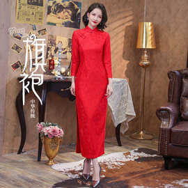 2025秋冬新款改良旗袍复合蕾丝旗袍新娘红色敬酒服妈妈装礼服旗袍