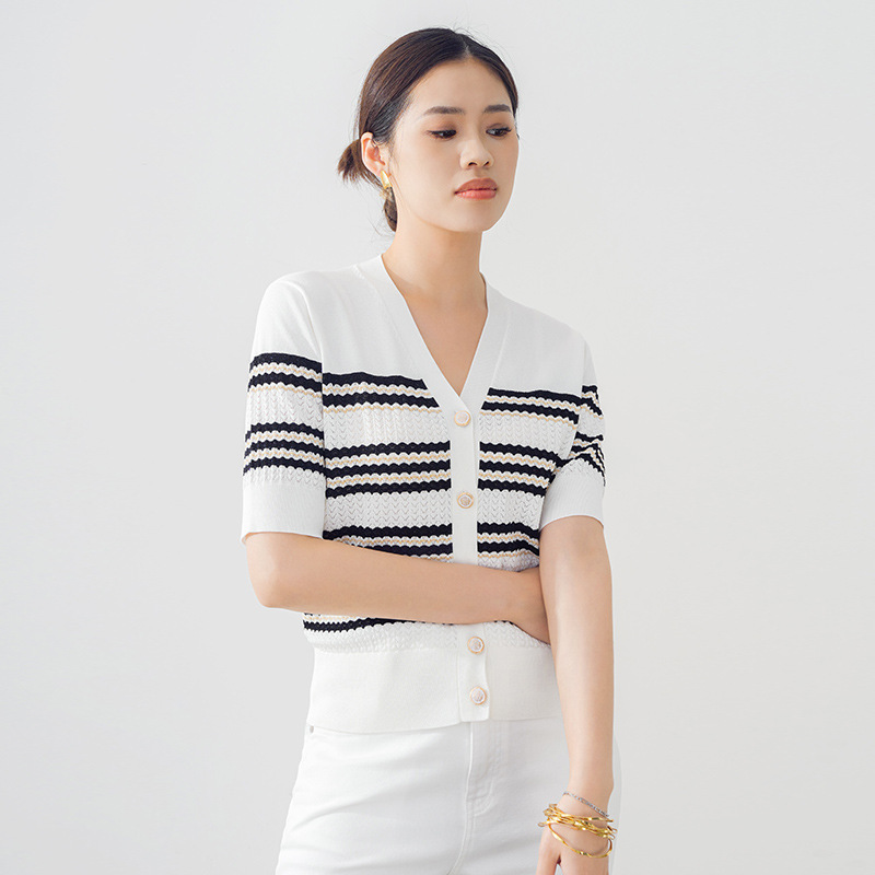 Nanyou High-End Women's Summer Color-Block Striped Tencel Knit Pullover Short-Sleeve Versatile Sweater Base Shirt