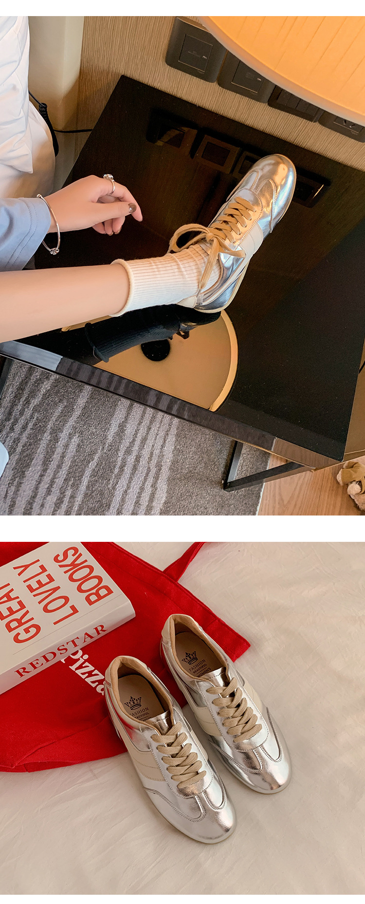 Giày sneaker nữ đế bệt mũi tròn dây buộc da thật phối màu phong cách Đức — Màu nâu chi tiết 24