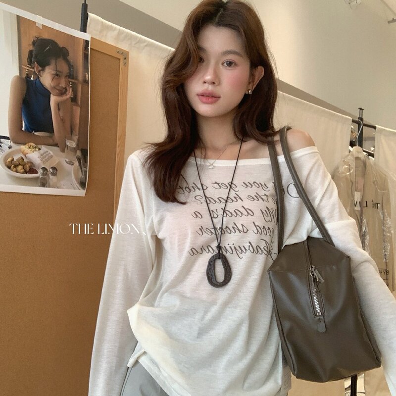 Lemon Green Tea Korean Style Off-Shoulder Letter Print Long Sleeve T-Shirt for Women 2026 Summer Elegant Sunscreen Cover-Up Top