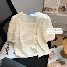法式方领设计感小众衬衫2024夏季新款小香风时尚泡泡袖洋气上衣