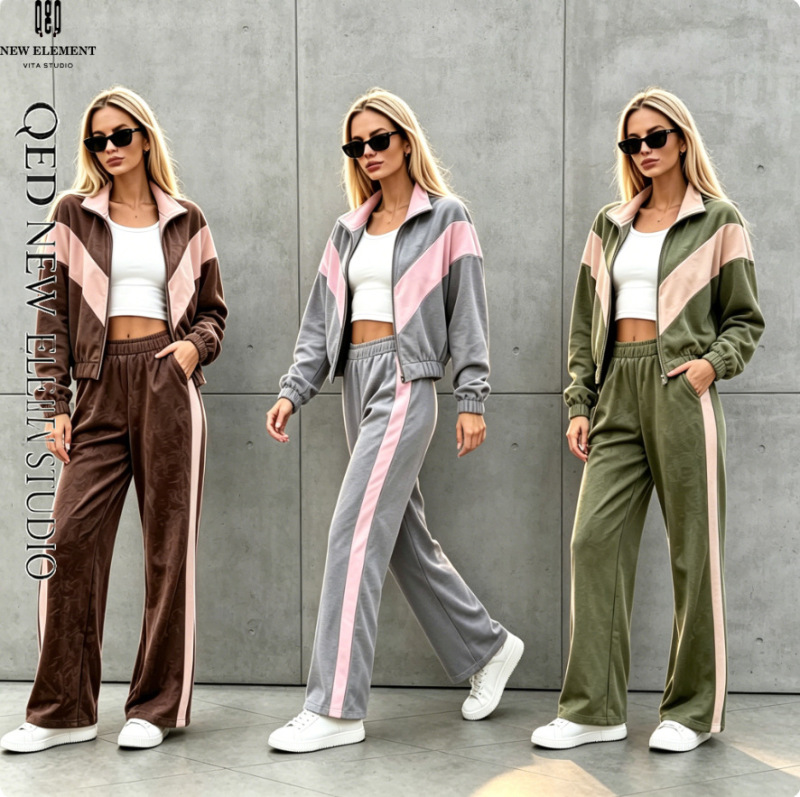 European and American Cross-Border Fashion Color-Block Striped Sports Suit for Women, Slim-Fit Short Jacket and High-Waisted Casual Pants Two-Piece Set
