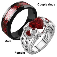 跨境外貿配飾wish新款心形紅寶石女戒指不銹鋼男戒指情侶手飾