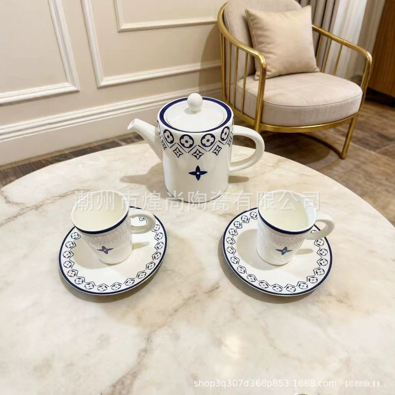 European-Style Light Luxury Mediterranean Bone China Coffee Cup Small Cup Saucer Teapot Tea Set for Home and Restaurant Use