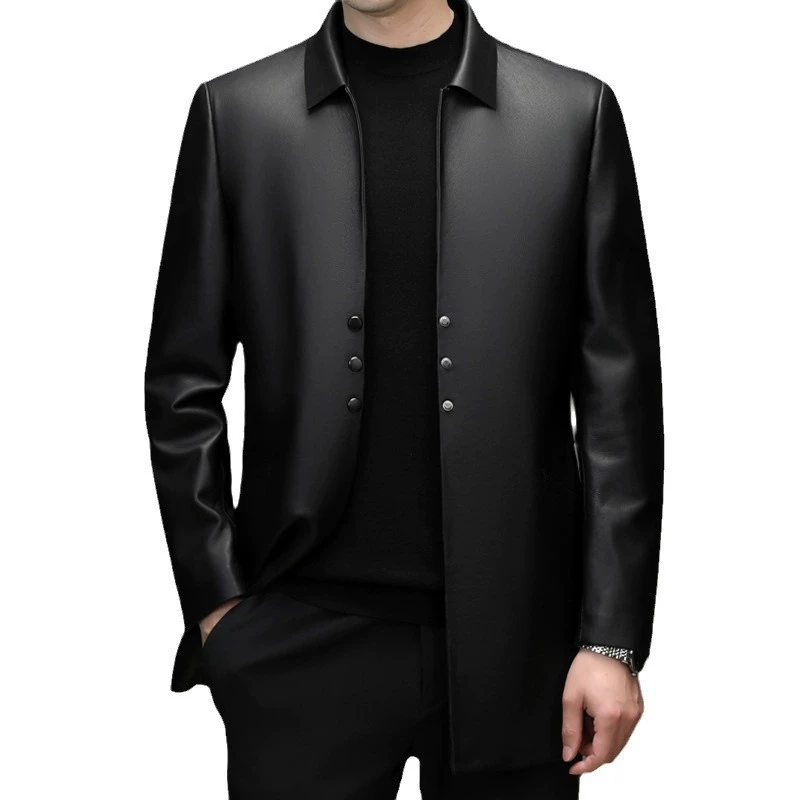 BG1951 new Haining genuine leather leather jacket men's top layer sheepskin mid-length leather windbreaker lapel jacket coat