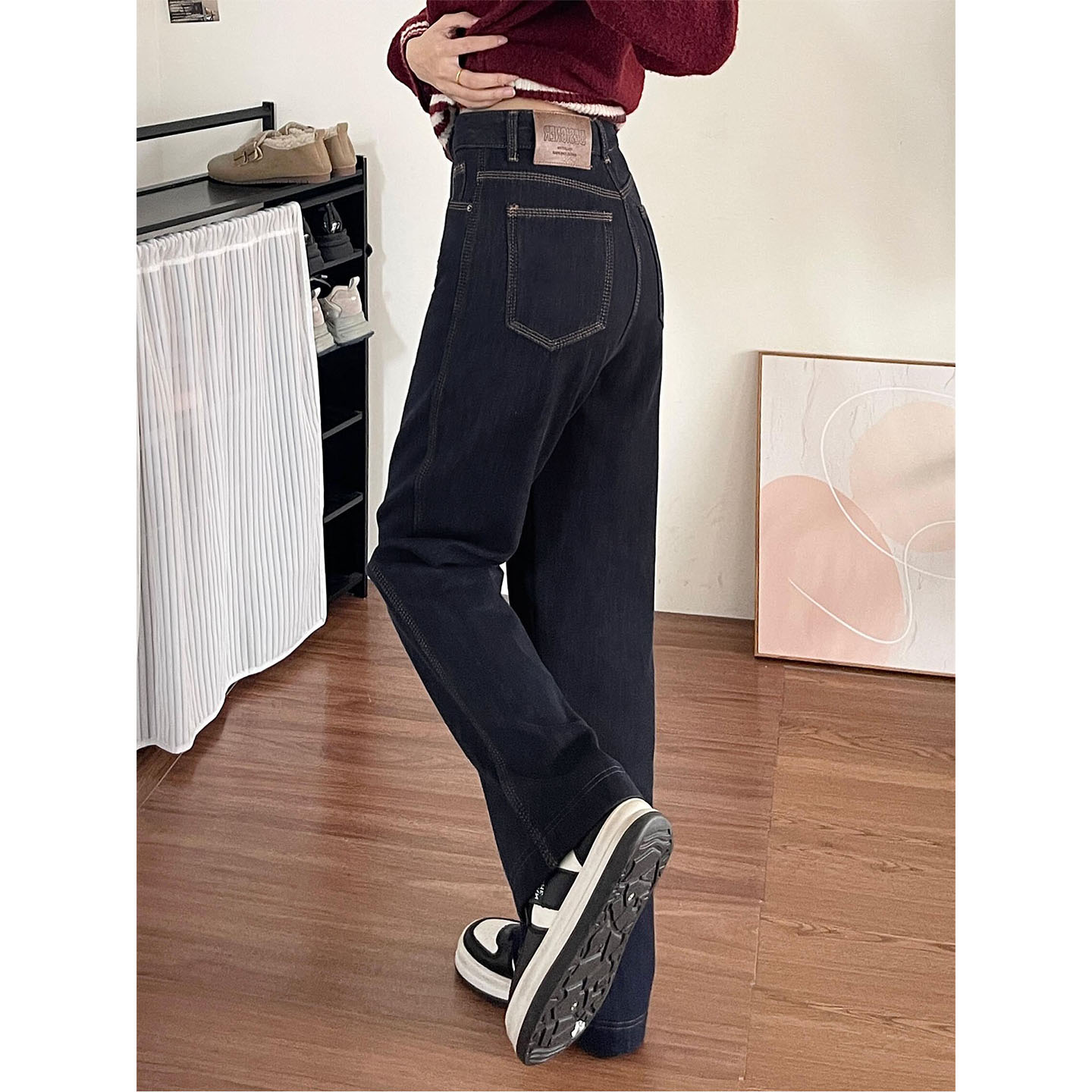 Denim azul de lana de invierno de mujer nuevo peso mm figura de pera de cintura alta delgada pantalones de piernas anchas