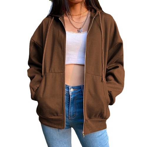 Pure Color Hooded Fleece European and American Style Long-Sleeved Outerwear Women's Street Loose Zip-Up Top
