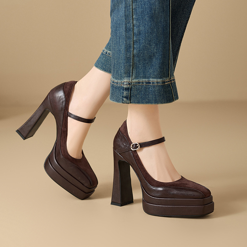 Giày Mary Jane nữ mũi vuông gót vuông đế platform cao 9 cm, da thật, quai ngang có khóa — màu nâu, màu đen