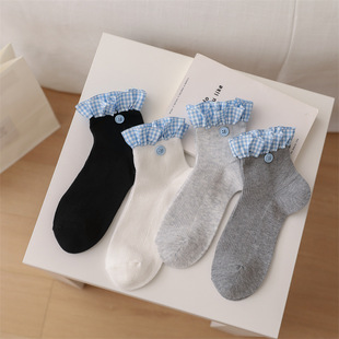 2025 New Thin Cotton Women's Socks Korean Style Blue Lace Button Thin Girls Short Socks Summer Women