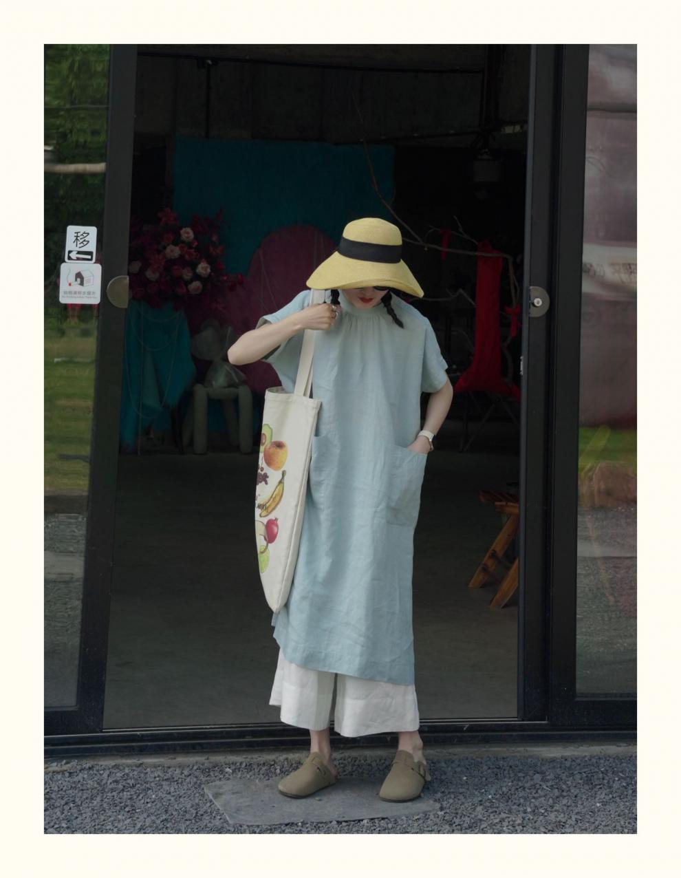 2024 Summer New Japanese French Elegant Lazy Large Pocket Round Neck Dress Artistic Style Long Robe_ecoleips.com