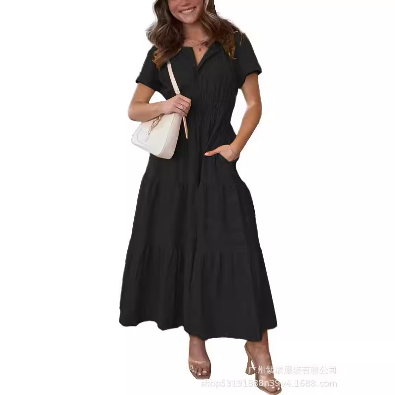 2024 European and American Foreign Trade Cross-Border Women's Clothing Bohemian Long Dress Women's Solid Color Flared Dress European and American Style Short Sleeves