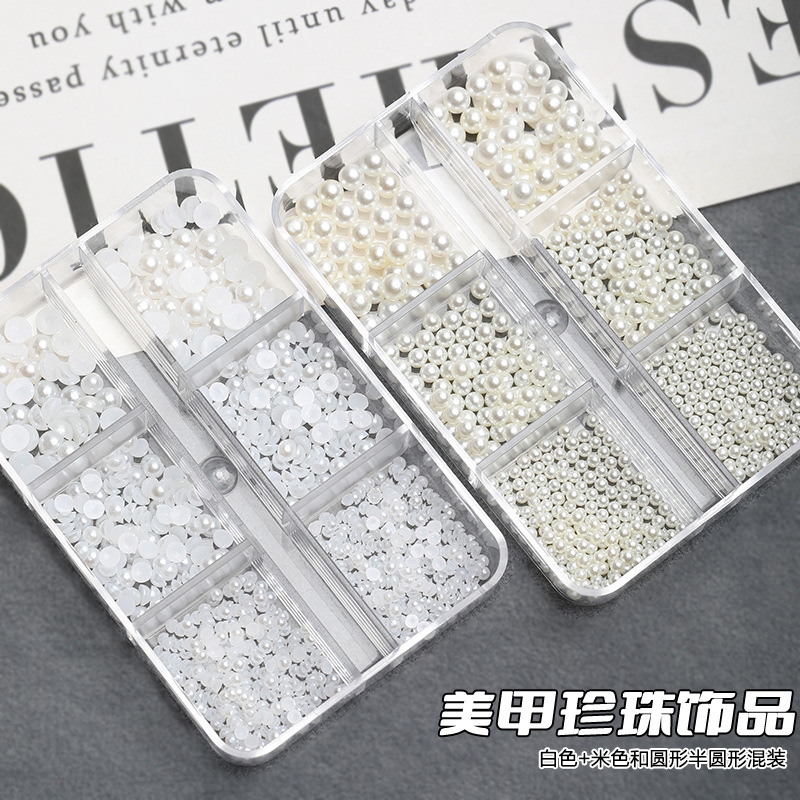 Estilo japonés todo partido Manicura en caja joyería de perlas semicírculo plana tridimensional tamaño redondo mezclado uñas DIY Decoración