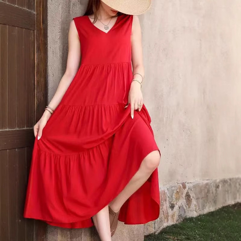 Women's Skirt 2025 New Elegant Holiday Solid Color V-Neck Layered Spliced Hem Loose Dress Cake Skirt Women's Skirt 2025 New Elegant Holiday Solid Color V-Neck Layered Spliced Hem Loose Dress Cake Skirt
