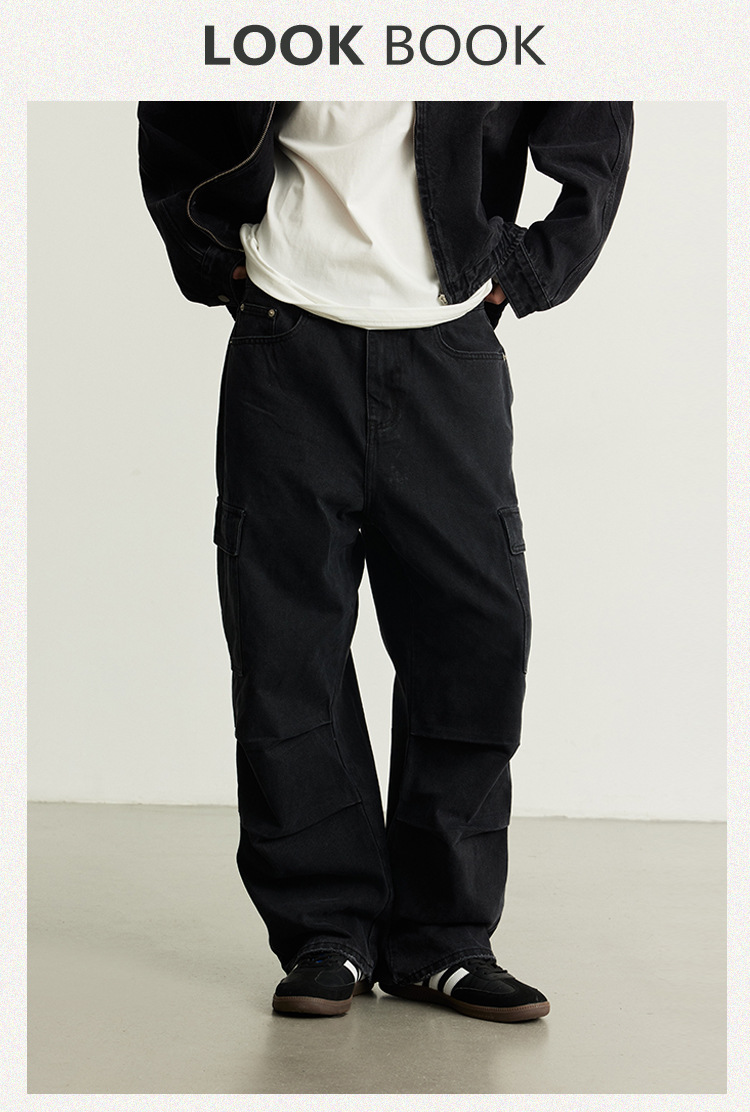 New vintage washed distressed multi-pocket cargo pants loose men's jeans_voghion.com