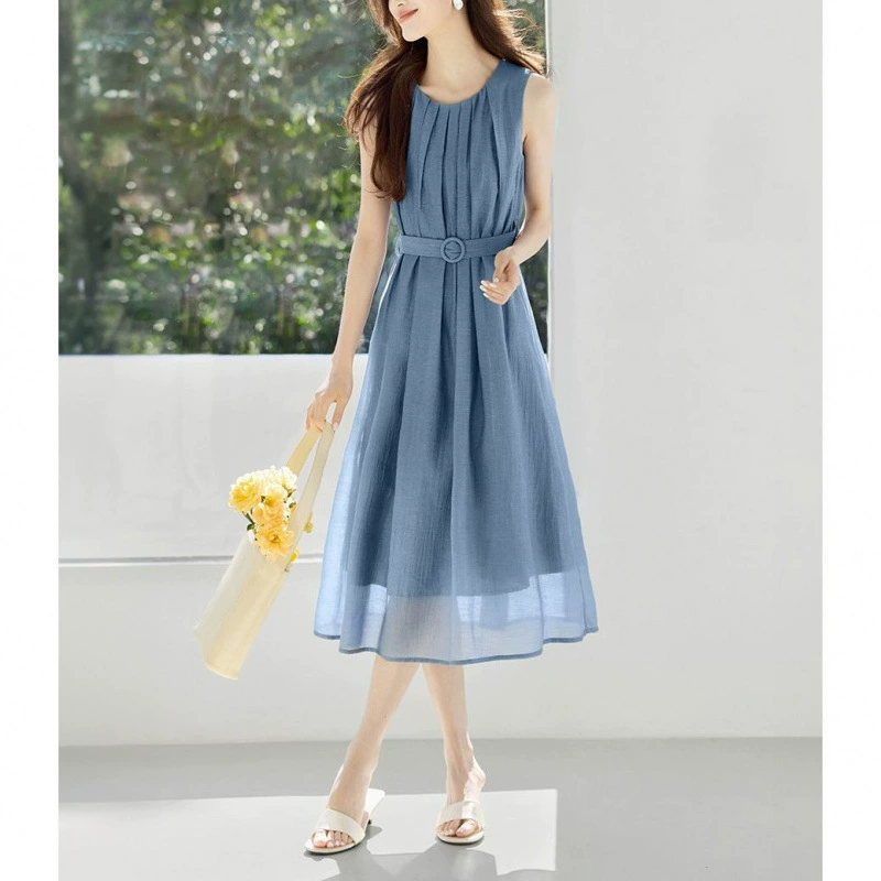 Летнее платье-миди А-силуэта без рукавов, французский стиль 2025 года, новый дизайн, высококачественное, стройнящее, элегантное, с завышенной талией.