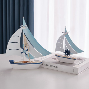 Mediterranean Sailboat Model Smooth Sailing Ornaments Wooden Iron Boat Craft Boat Desk Marine Style Decoration