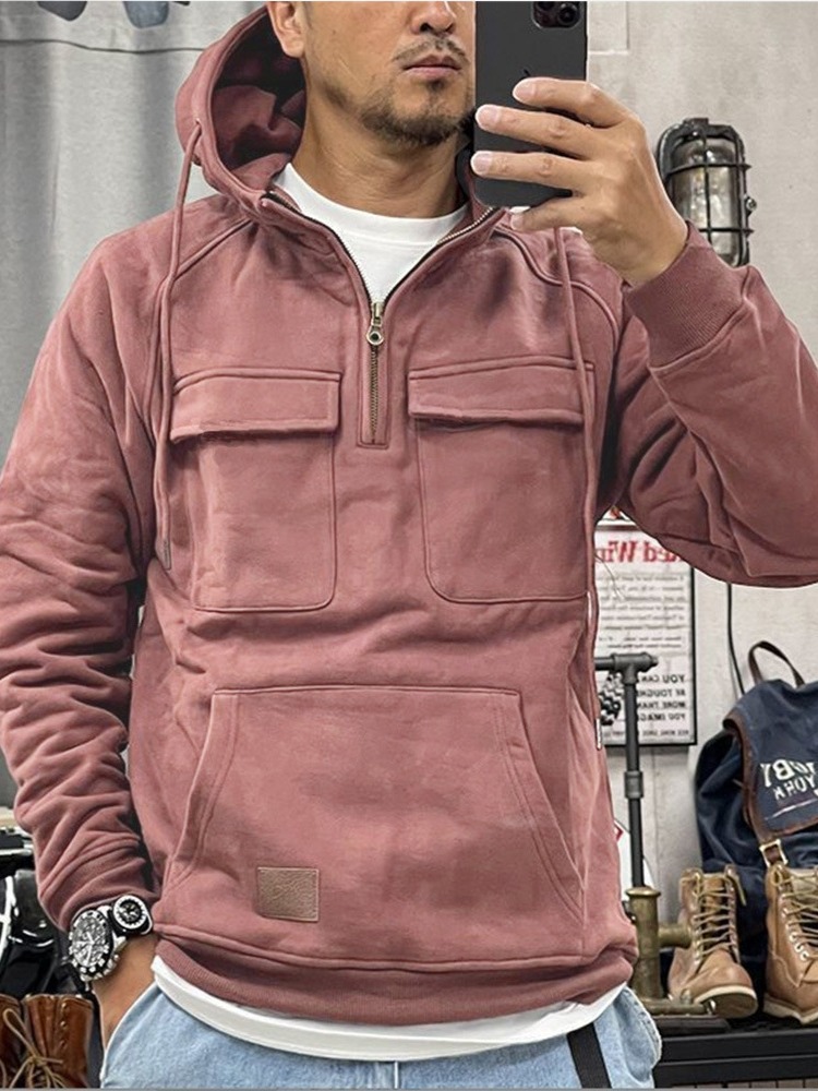 Autumn and Winter New Men's Hooded Solid Youth Sports Multi Pocket Patch Leather Sweater Coat_senzul.com