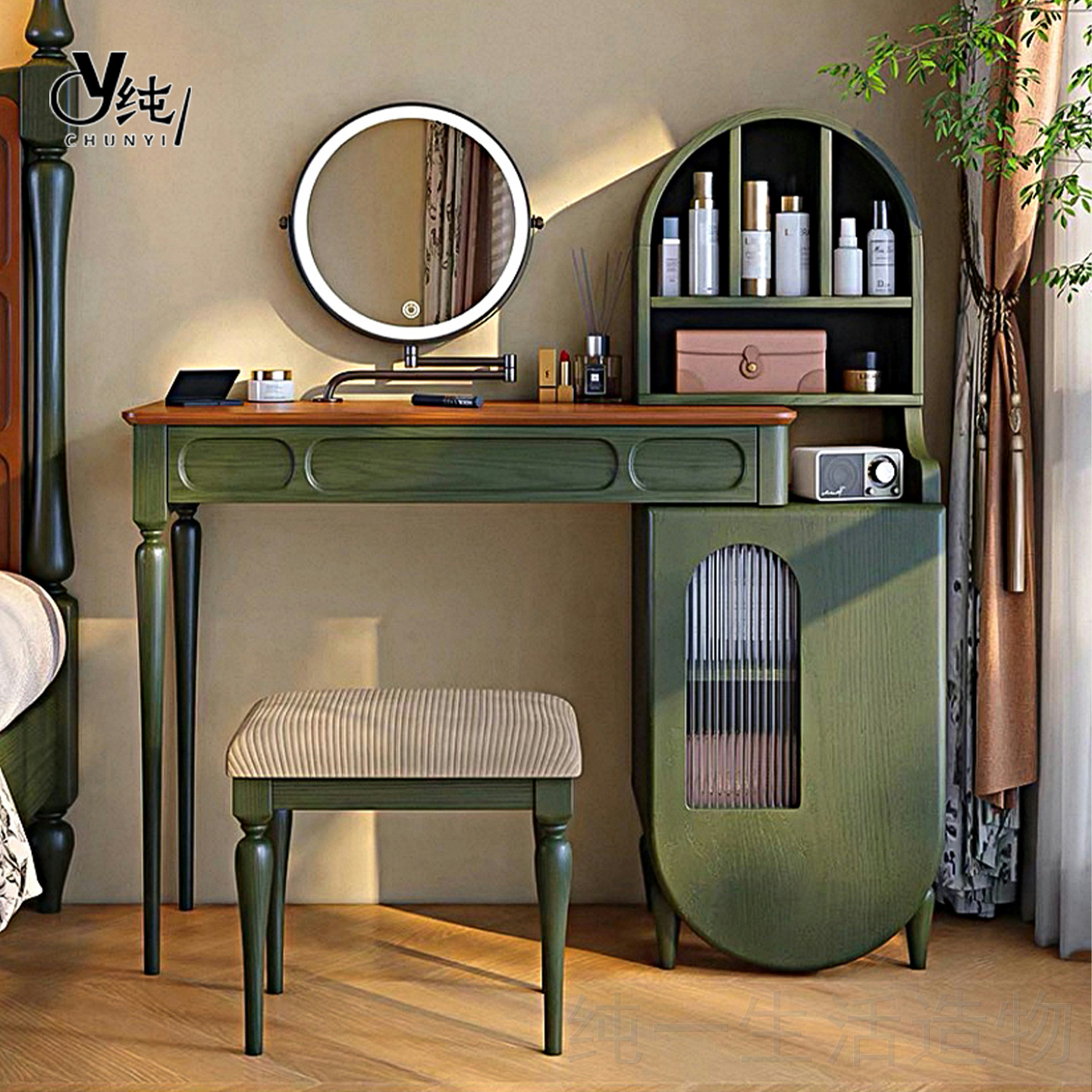 Solid Wood Dressing Table Master Bedroom 2025 New French Retro Style Dressing Table Green Retractable Dressing Table and Cupboard Integrated