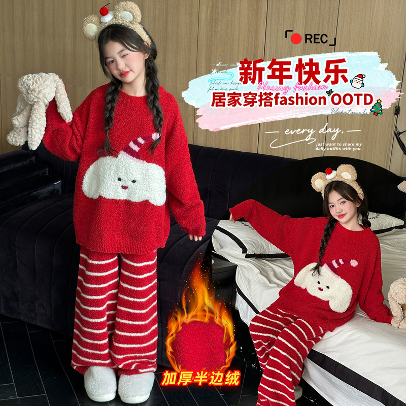 Girls 2025 New Korean Style Cute Home Clothes Two-Piece Set for Middle and Large Children Cartoon Girls Warm Pajamas Set
