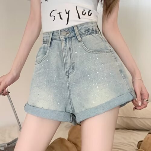 light blue Hot Diamond Curled Denim Shorts Women's Summer Straight High Waist Loose All-match Casual A- line Wide-leg Hot Pants light blue Hot Diamond Curled Denim Shorts Women's Summer Straight High Waist Loose All-match Casual A- line Wide-leg Hot Pants