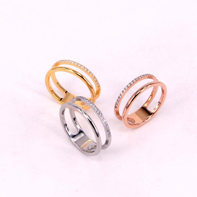 J4-102 Cut Out Double-Layer 20 Micro-Diamond Couple Ring Korean Style Fashionable Titanium Steel Rose Gold-Plated Index Finger Ring