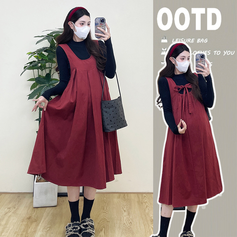 Xumeifu pregnant women dress 2024 autumn new fashion sweet temperament two wear loose pregnant belly vest skirt