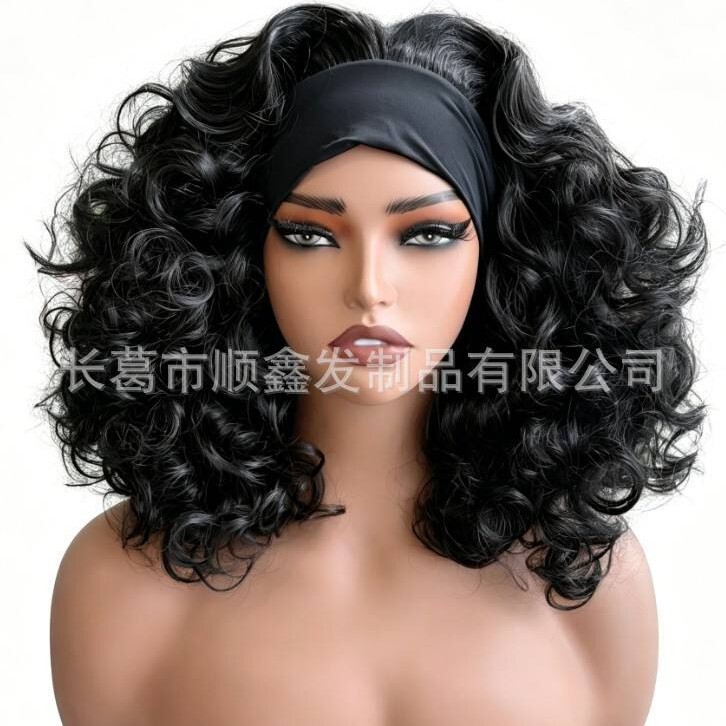 14inch Elastic Wavy Curly Hair Headband Wig, Fluffy Small Curls, Heat-Resistant Synthetic Fiber for African Black Women