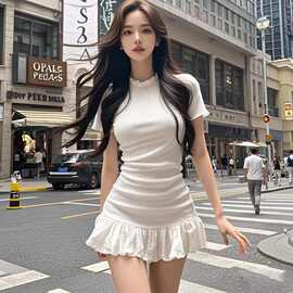 TZ6402韩系设计感木耳边拼接短袖连衣裙女夏气质辣妹修身显瘦短裙