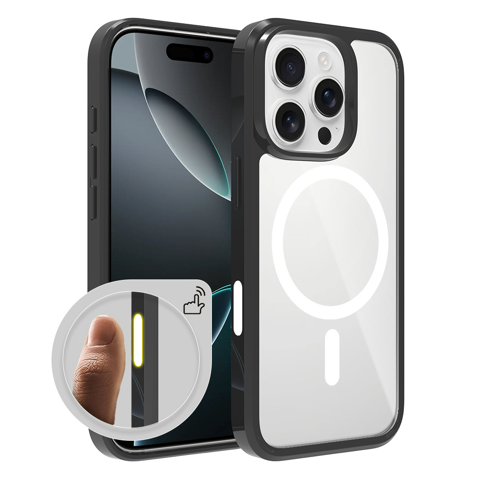 Aplicación transfronteriza iPhone16Pro botón magnético estuche para teléfono móvil botón de sensor táctil 1,5mm acrílico transparente