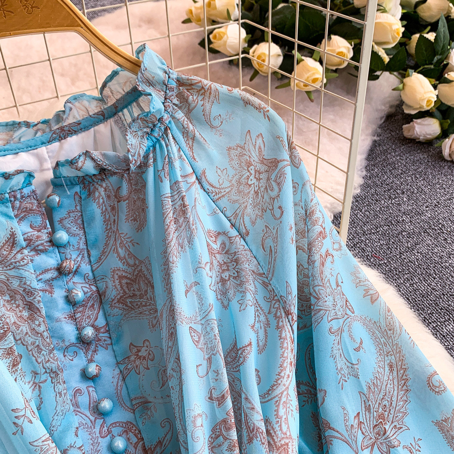 Elegant French Style Long Sleeve Dress Ruffled Collar Rope Waist Cinching Chiffon Printed Maxi Summer Retro Dress_ecoleips.com