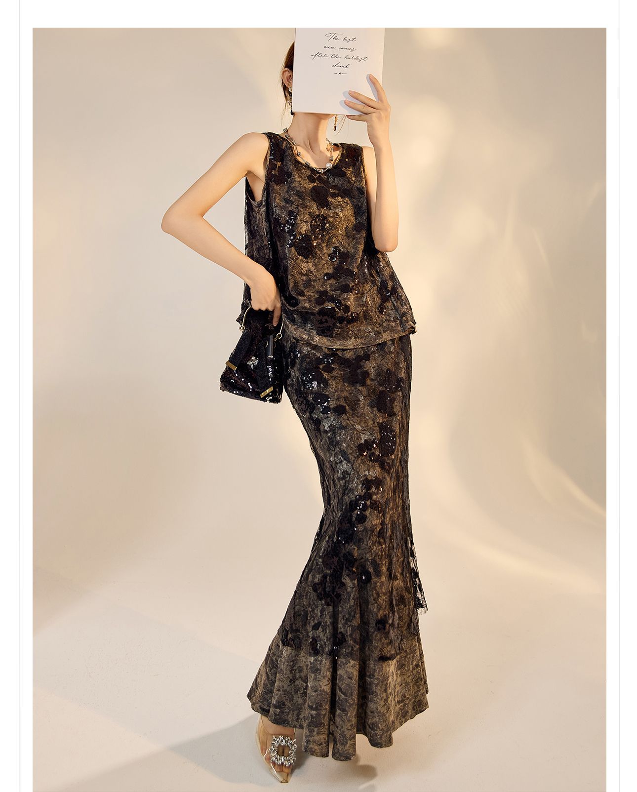 Bộ vest nữ phong cách Trung Quốc mới mùa hè 2026, thêu sequin, chân váy ngắn và áo vest — Chân váy màu trắng be, Chân váy đen cao cấp, Gilê đen cao cấp, Gi lê màu trắng be chi tiết 28