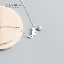 s925纯银项链批发 时尚个性创意猫咪玩球气质项链锁骨链 女