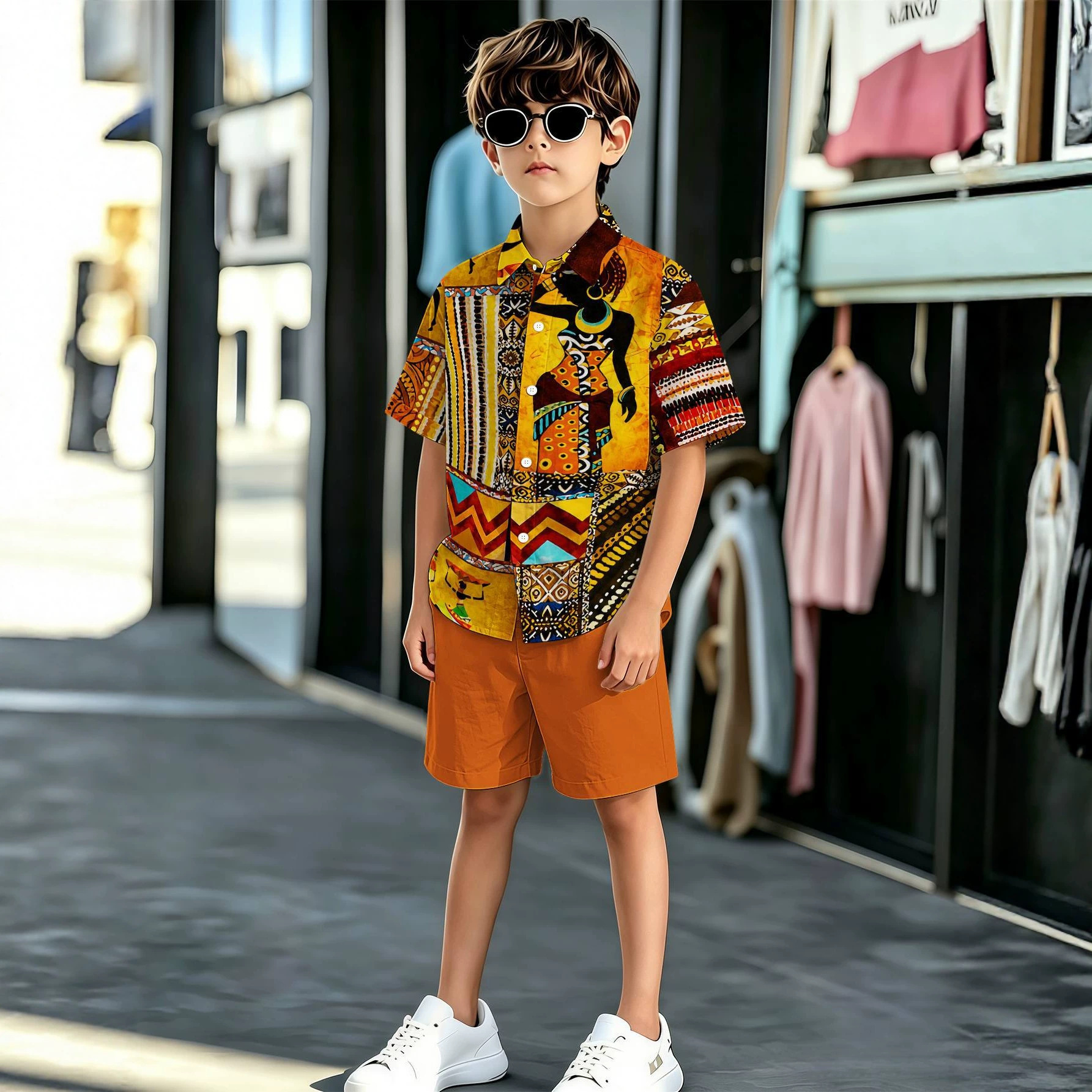 American Retro New Product, Stys, 3D Printing Technology, Boys' Collared Shirt And Shorts Set,_voghion.com