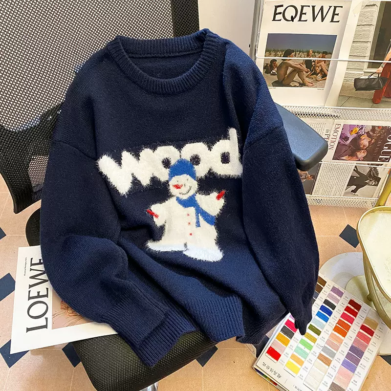 美式潮牌圆领毛衣女秋季高级感百搭休闲情侣线衣慵懒风宽松针织衫