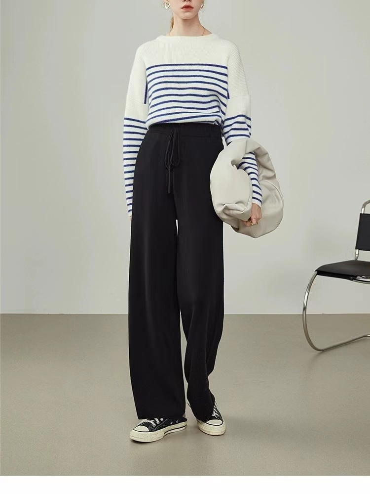 Lazy Navy And White Striped Crew-neck Long-sleeve Sweater