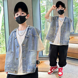 男童马甲秋季新款中大童装儿童男孩春秋牛仔马甲大口袋时髦个性酷
