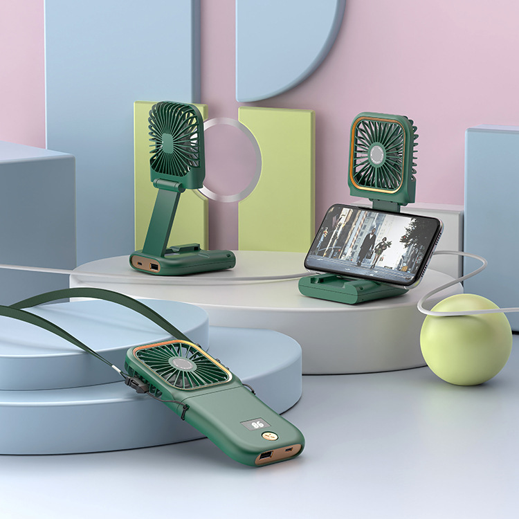 スポットハンドヘルド小型ファンデジタルディスプレイ折りたたみ屋外ポータブル USB パワーバンク携帯電話ホルダーミニ吊り首ファン|undefined