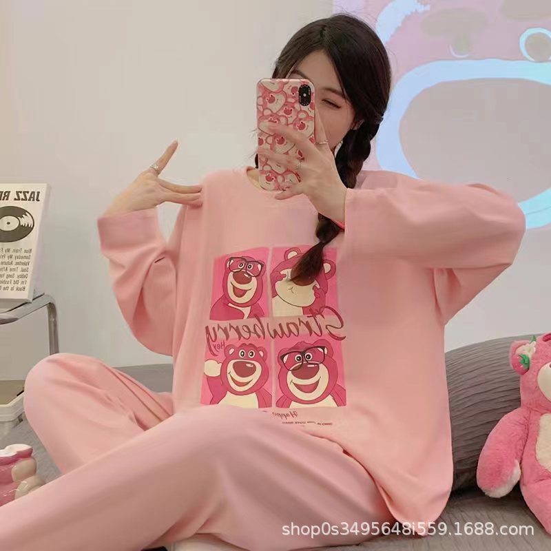 跨境欧美秋季新款草莓熊长袖裤睡衣女宽松简约可外穿家居服两件套