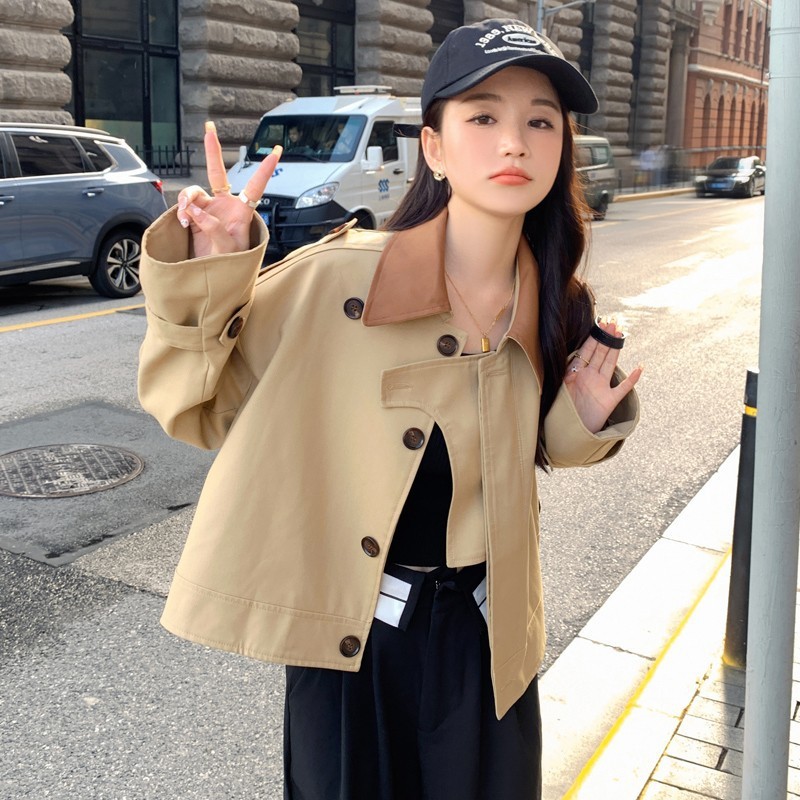 卡其色撞色风衣女短款新款设计感宽松高级感复古气质上衣百搭外套|undefined