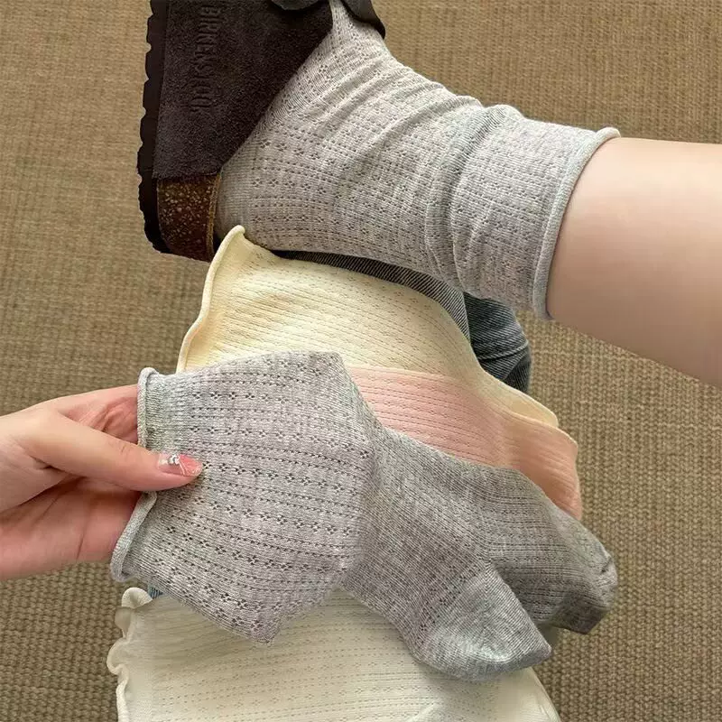 袜子纯棉女中筒袜春夏季薄款日系镂空网眼卷边百搭堆堆袜诸暨袜业