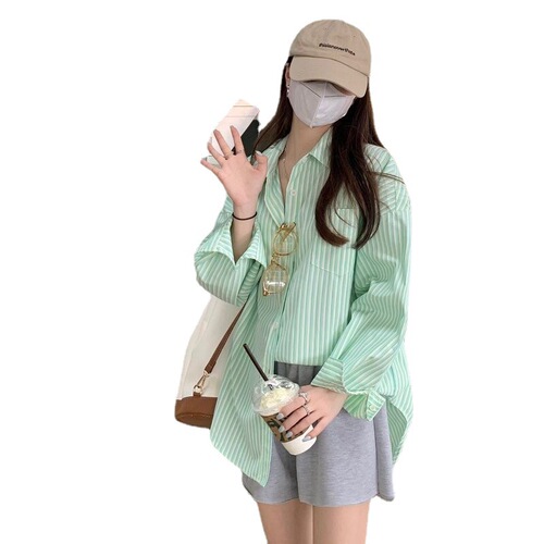 Live Streaming Women's New Design Flared Collar Striped Shirt, Medium Long Thin Sun Protection Cardigan, Trendy