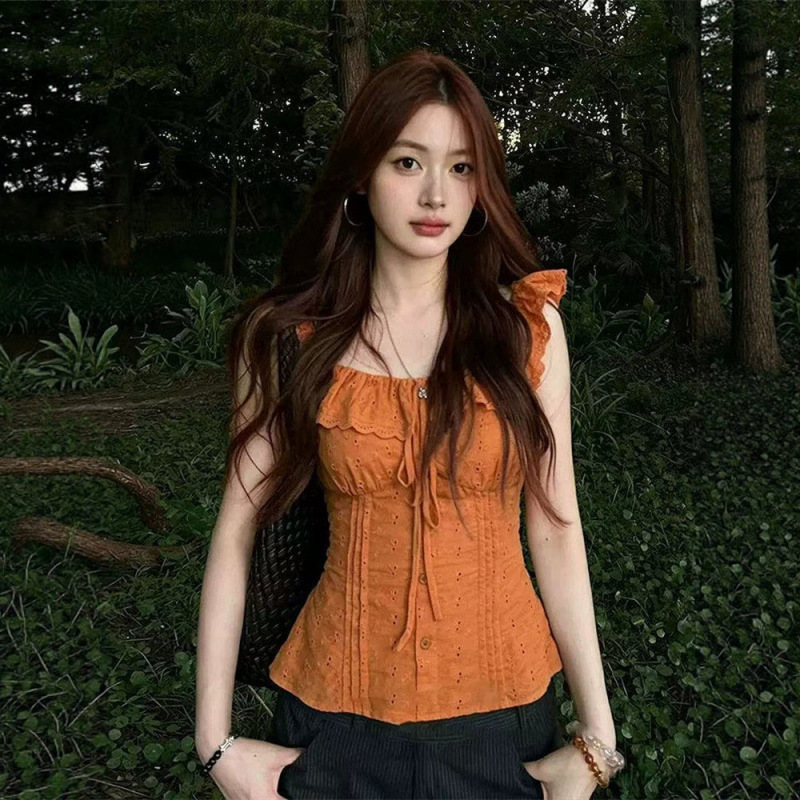 French-Style High-End Orange Ruffled Short-Sleeve Top for Women, 2026 Summer New Slim-Fit Tie-Up Sweet Style