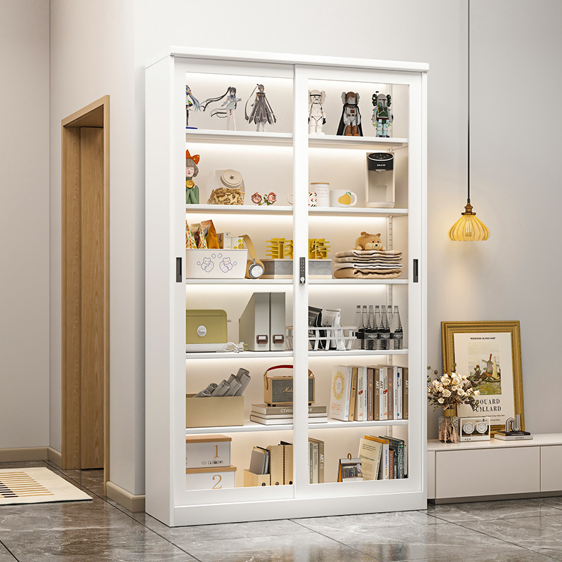 Household Iron Bookshelf with Glass Doors, Dustproof Bookcase, Living Room Multi-Layer Floor-To-Ceiling Storage Cabinet with Lock Display Cabinet