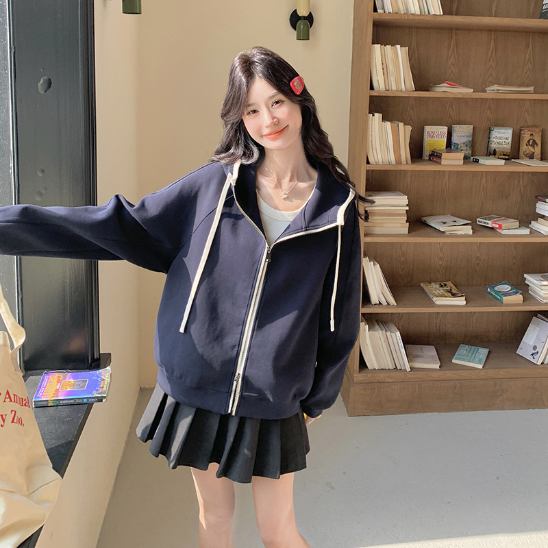 实拍撞色拼接连帽卫衣外套女2025春季新款学院风宽松休闲开衫上衣|undefined